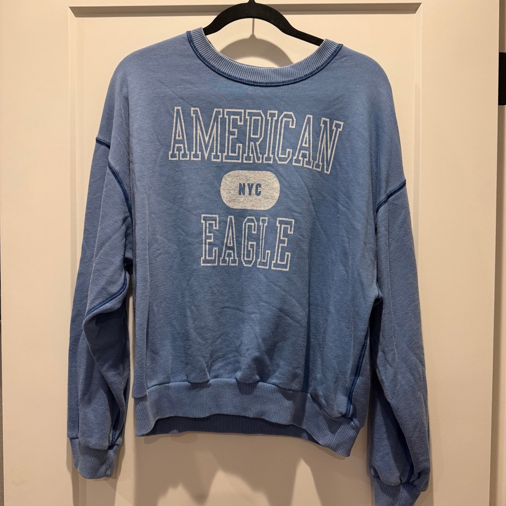 Oversized Collegiate American Eagle NYC Graphic Sweatshirt Blue M Reverse Seam